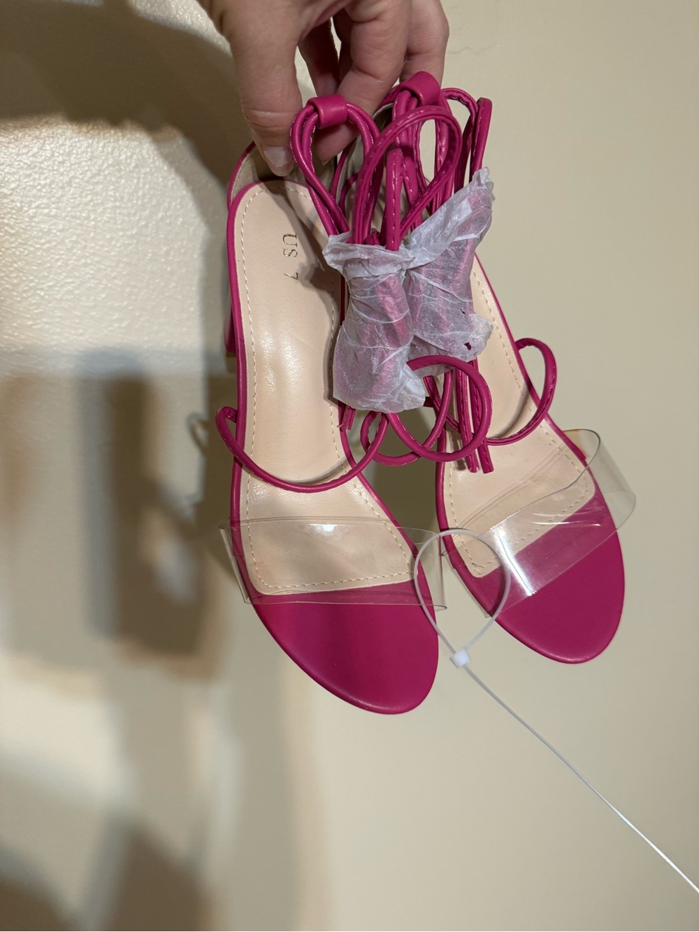 Women’s Hot Pink Lace-Up Heeled Sandals with Clear Toe Strap